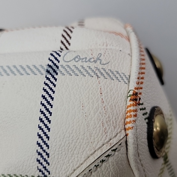 Coach Tattersall Plaid Peyton Pebbled Leather Shoulder Bag Cream Gold Pink Blue - Picture 5 of 16